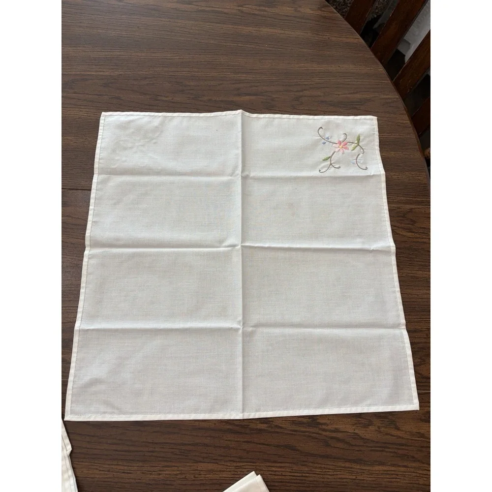 Vintage Embroidered Linen Napkins Set of 6 Floral Pink Blue Hemstitched 16x16